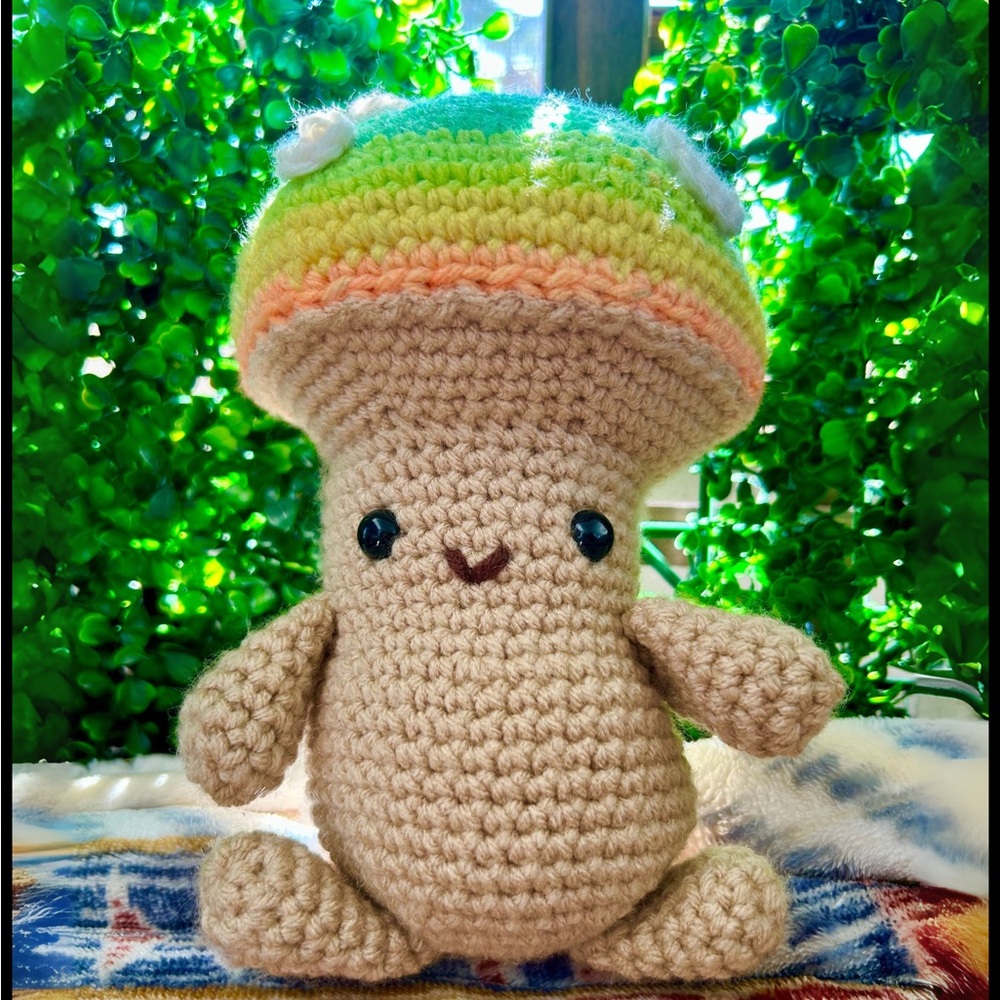 Crocheted Mushroom Stuffed Animal - Tan and Green